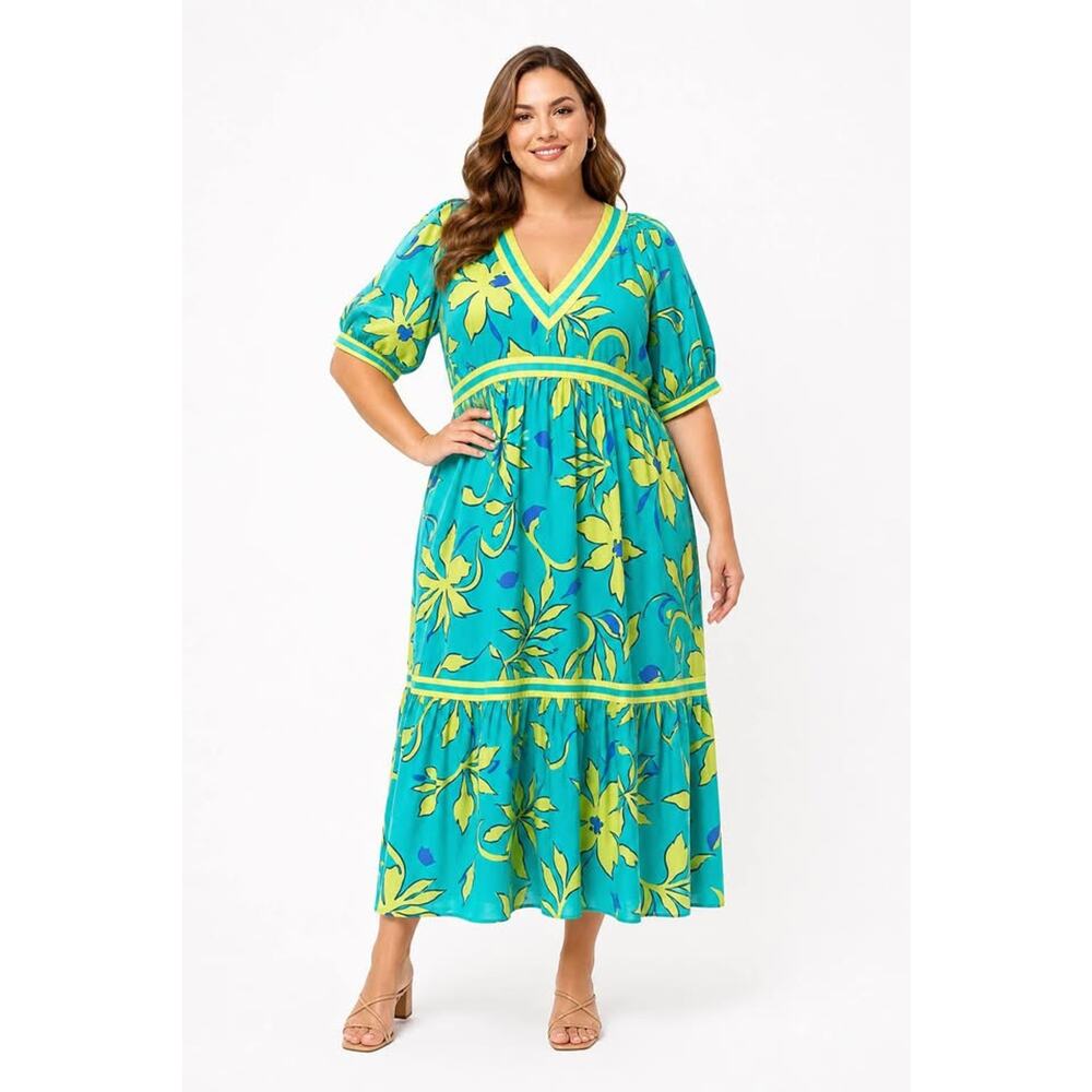 Gretchen Scott Designs XL Full Bloom Turquoise V Neck Tiered Midi Maxi Dress